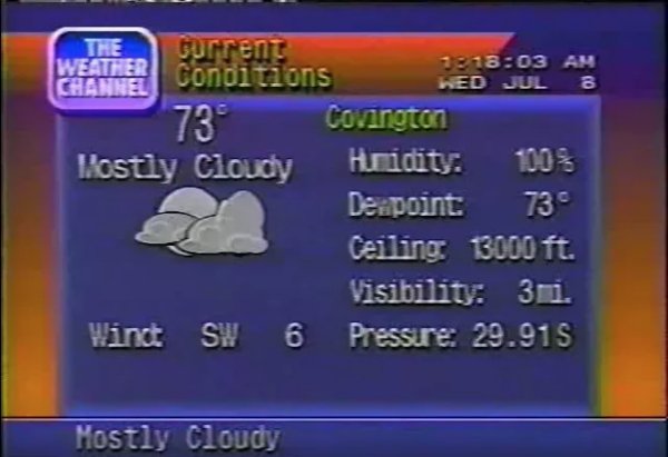 nostalgia display device - Wear Channs Ked Jul 3 current Conditions 730 Conington Hostiy Cloudy_ Humidity 100% De point 73 Ceiling 13000 ft. Visibility 30. Winct Sw 6 Pressure 29.915 Mostly cloudy