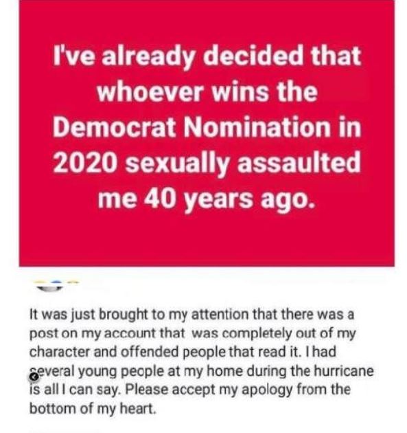 lies document - I've already decided that whoever wins the Democrat Nomination in 2020 sexually assaulted me 40 years ago. It was just brought to my attention that there was a post on my account that was completely out of my character and offended people 