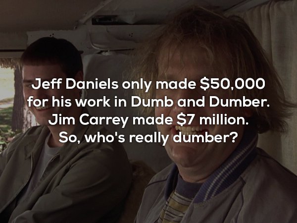 photo caption - Jeff Daniels only made $50,000 for his work in Dumb and Dumber. Jim Carrey made $7 million. So, who's really dumber?