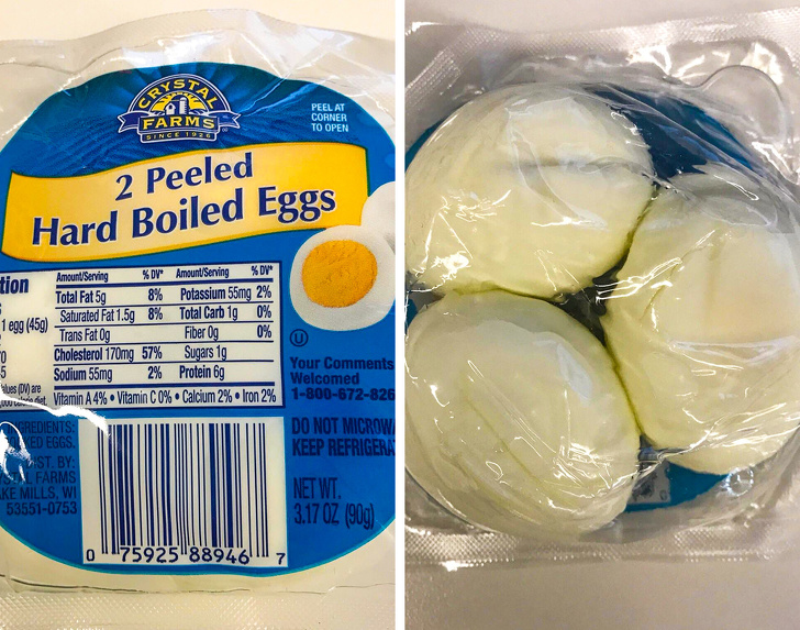 peeled eggs plastic - Peel At Corner To Open Since 1921 2 Peeled Hard Boiled Eggs tion AmountServing %Dv AmountServing %Dv Total Fat 50 8% Potassium 55mg 2% 5Saturated Fat 1.59 1 egg 459 8% Total Carb 100% Trans Fat Og Fiber 0g 0% Cholesterol 170mg 57% Su