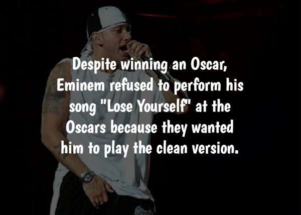 eminem rapping - Despite winning an Oscar, Eminem refused to perform his song "Lose Yourself" at the Oscars because they wanted him to play the clean version.