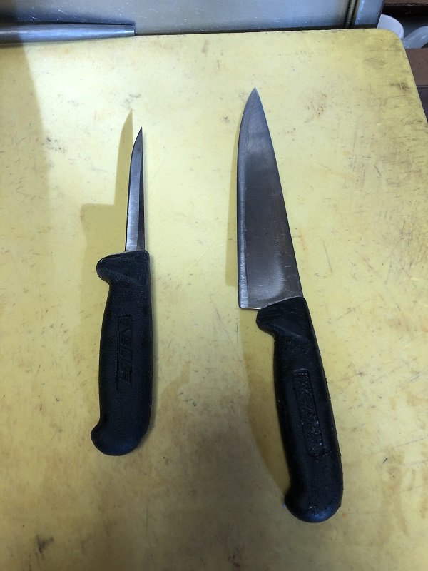 The knife on the left is the exact same as the knife on the right, only it has been used in a commercial kitchen for 4 years.