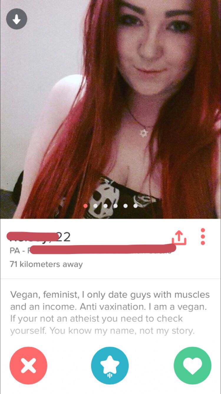 godzilla tinder - 22 Pa 71 kilometers away Vegan, feminist, I only date guys with muscles and an income. Anti vaxination. I am a vegan. If your not an atheist you need to check yourself. You know my name, not my story.