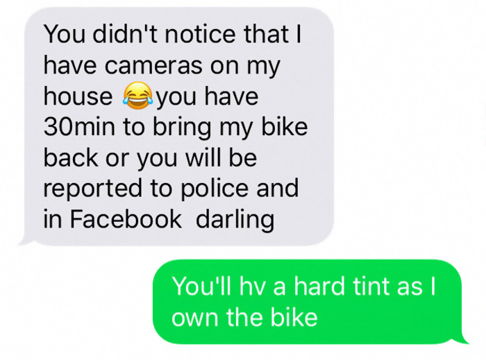 She identified that the bike was indeed hers and asked for a test ride: “I saw he wasn’t following me and just kept going”