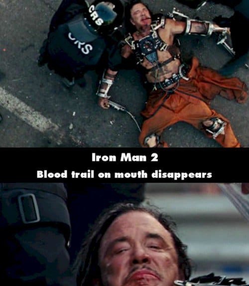 marvel movie mistakes - Rs Iron Man 2 Blood trail on mouth disappears