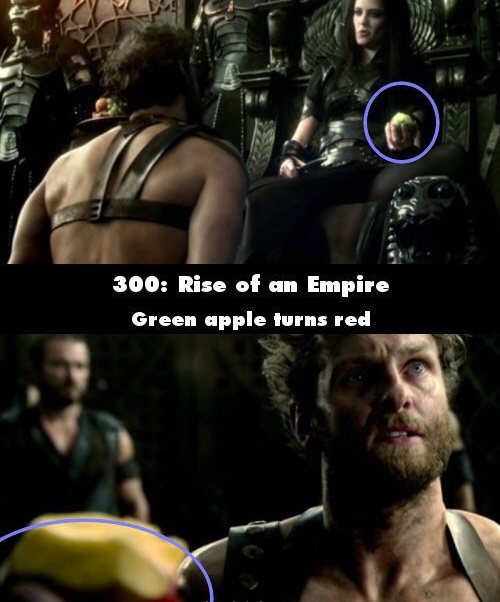 movie mistakes that editors completely missed - 300 Rise of an Empire Green apple turns red