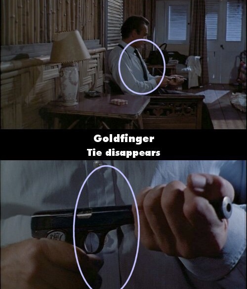 james bond movie mistakes - Goldfinger Tie disappears Thio