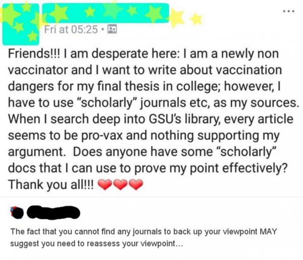 things anti vaxxers say - Fri at . Fri Friends!!! I am desperate here I am a newly non vaccinator and I want to write about vaccination dangers for my final thesis in college; however, have to use "scholarly" journals etc, as my sources. When I search dee