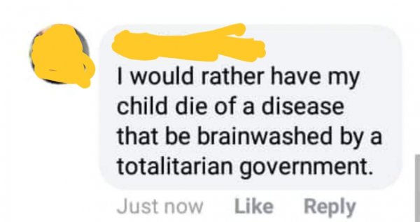 material - I would rather have my child die of a disease that be brainwashed by a totalitarian government. Just now