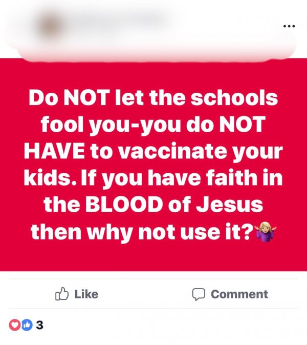 post anything - Do Not let the schools fool youyou do Not Have to vaccinate your kids. If you have faith in the Blood of Jesus then why not use it? Comment Od 3