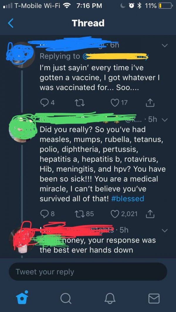 screenshot - . TMobile WiFi To 11%O Thread oh Ce I'm just sayin' every time i've gotten a vaccine, I got whatever was vaccinated for... Soo.... 04 27 0 17 2 S ....5h v Did you really? So you've had measles, mumps, rubella, tetanus, polio, diphtheria, pert