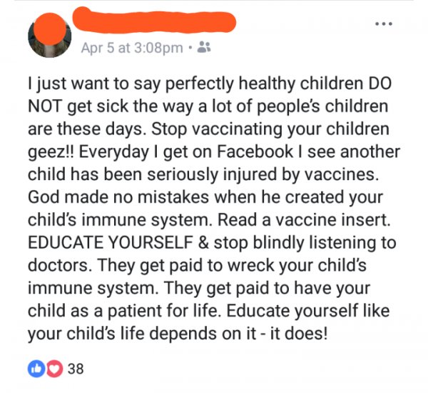 document - Apr 5 at pm. I just want to say perfectly healthy children Do Not get sick the way a lot of people's children are these days. Stop vaccinating your children geez!! Everyday I get on Facebook I see another child has been seriously injured by vac