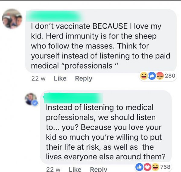 web page - I don't vaccinate Because I love my kid. Herd immunity is for the sheep who the masses. Think for yourself instead of listening to the paid medical "professionals" 22 w 09280 Instead of listening to medical professionals, we should listen to...