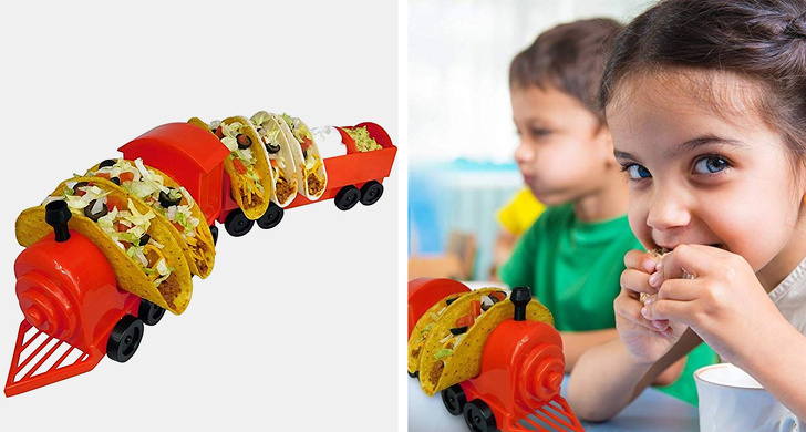 A fun train-shaped taco holder for the dinner table where each taco wagon can act as a plate for each person