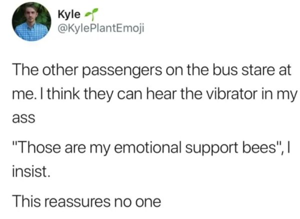 document - Kyle PlantEmoji The other passengers on the bus stare at me. I think they can hear the vibrator in my ass "Those are my emotional support bees", || insist. This reassures no one