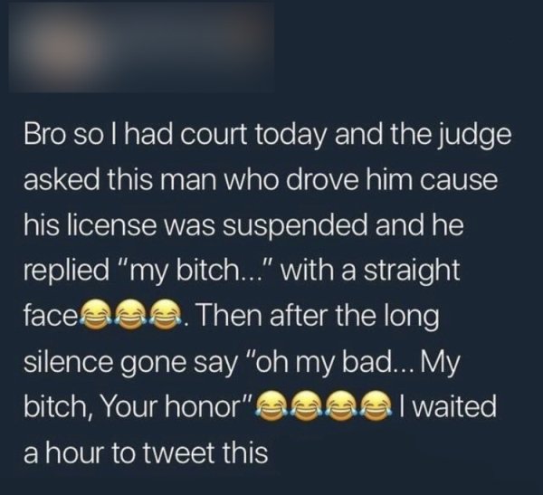 Bro solhad court today and the judge asked this man who drove him cause his license was suspended and he replied "my bitch..." with a straight faceea. Then after the long silence gone say "oh my bad... My bitch, Your honor" Aer I waited a hour to tweet…