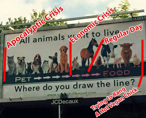 do you draw the line meme - APoAll animals cont to live Economic Crisis Regular Day Apocalyptic Crisis Pet Food Where do you draw the line? billboard.com JCDecaux Trying to Bang A Hot Vegan Chick