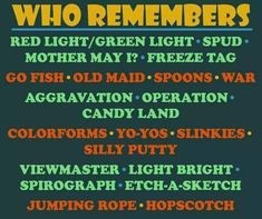 tree - Who Remembers Red LightGreen Light Spud. Mother May I?. Freeze Tag Go Fish.Old Maidespoons War Aggravation Operation Candy Land Colorforms YoYos Slinkies. Silly Putty Viewmaster Light Bright SpirographEtchASketch Jumping Rope. Hopscotch