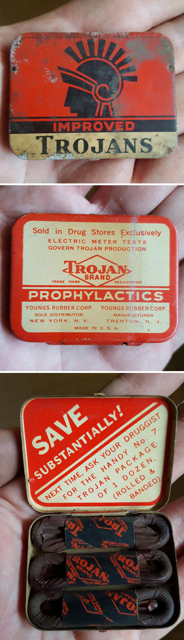 60 year old condom - Open Improved Trojans Sold in Drug Stores Exclusively Electric Meter Tests Govern Trojan Production Trojan Trade Mark Brand Reg.U.S.Fat Off. Prophylactics Youngs Rubber Corp. Youngs Rubber Corp. Sole Distributor Manufacturer New York,