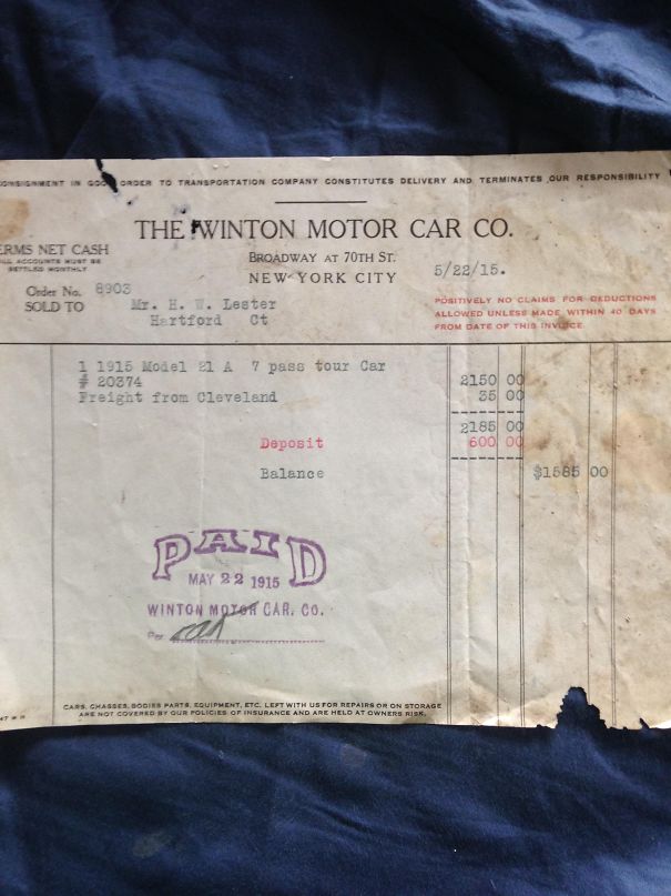 document - Invent O Rder To Transportation Company Constitutes Delivery And Terminates Our Responsibi The Mwinton Motor Car Co. Rms Net Cash 52215. Order No 8903 Sold To Broadway At 70TH St. New York City . E. 7. Lester Hartford Ct Positively No Claims Fo