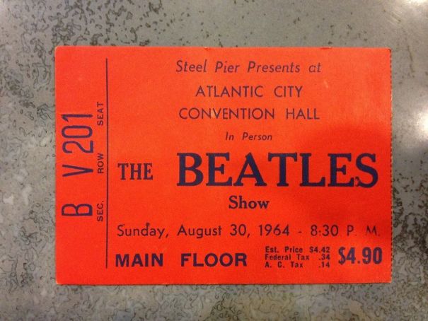 ticket - Steel Pier Presents at Atlantic City Convention Hall In Person Seat B V 201 Row The Beatles Show Sec Sunday, P. M. Main Floor $4.90 A. C. Tax .14