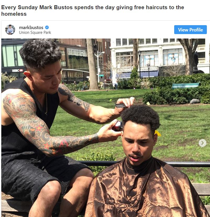 tree - Every Sunday Mark Bustos spends the day giving free haircuts to the homeless markbustos Union Square Park View Profile Ho ni