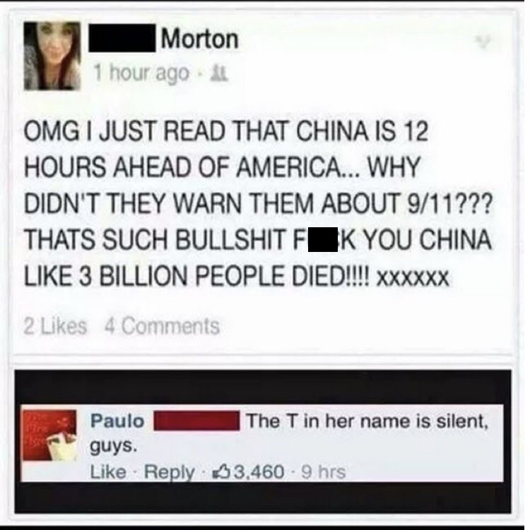 will start world war 3 - Morton 1 hour ago Omg I Just Read That China Is 12 Hours Ahead Of America... Why Didn'T They Warn Them About 911??? Thats Such Bullshit Fik You China 3 Billion People Died!!!! Xxxxxx 2 4 The T in her name is silent, Paulo guys. $3