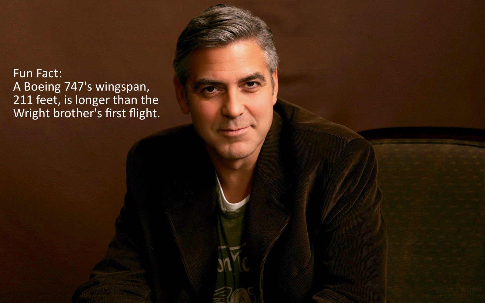 george clooney - Fun Fact A Boeing 747's wingspan, 211 feet, is longer than the Wright brother's first flight.