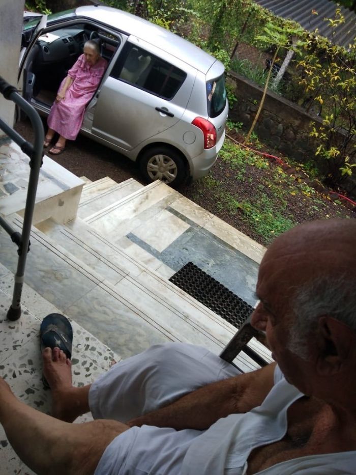 My Dadi Went To Visit Her Brother Today Morning. He Can’t Climb Down The Stairs And She Can’t Climb Up. So She Sits In The Car, He Sits In The Balcony And They Chat Away To Glory. This Has Become A Sort Of A Ritual Now. Such A Happy Sight