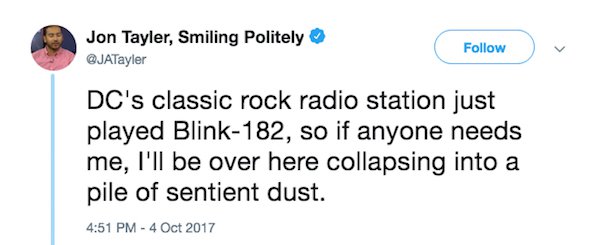 Tweet about reacting to classic rock radio station playing Blink 182
