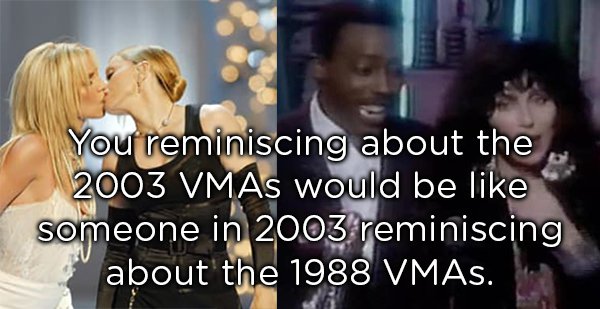 picture of Madonna and Britney Spears kissing at 2003 VMAs next to Cher and Arsenio Hall at 1988 VMAs