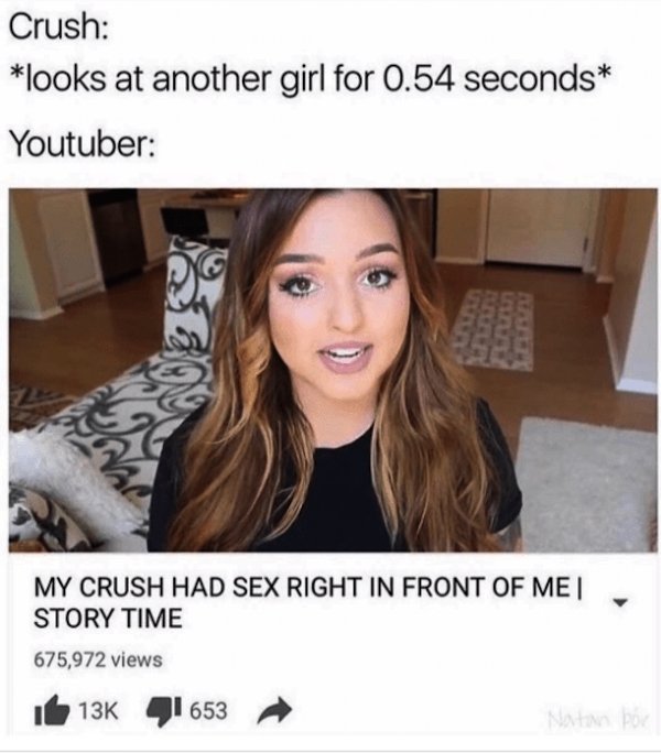 story time youtubers - Crush looks at another girl for 0.54 seconds Youtuber My Crush Had Sex Right In Front Of Me Story Time 675,972 views If 13K 41653 Natan por