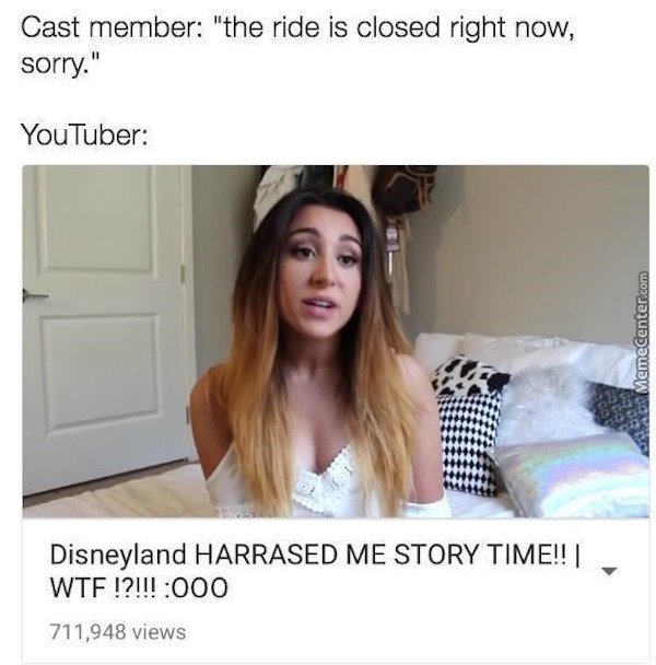 funny youtuber storytime memes - Cast member "the ride is closed right now, sorry." YouTuber MemeCenter.com Disneyland Harrased Me Story Time!!|_ Wtf!?!!! 000 711,948 views