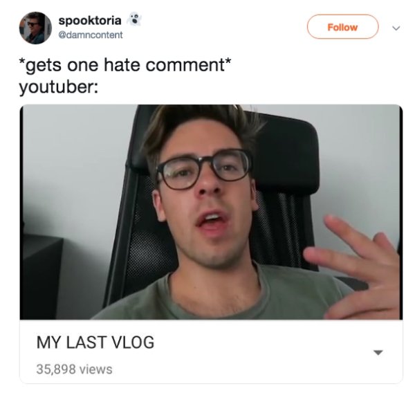 glasses - spooktoria gets one hate comment youtuber My Last Vlog 35,898 views