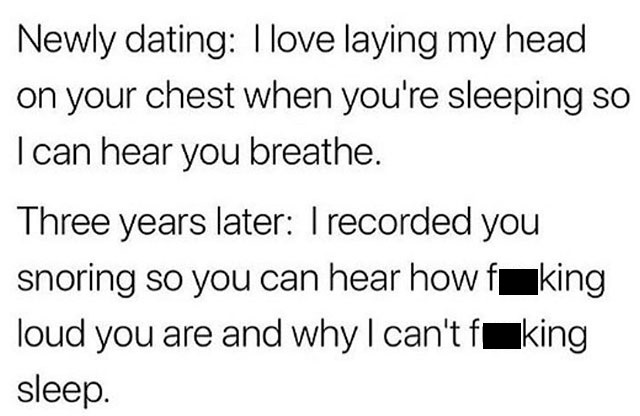 Tropical cyclone - Newly dating I love laying my head on your chest when you're sleeping so I can hear you breathe. Three years later 1 recorded you snoring so you can hear how fuking loud you are and why I can't fking sleep.