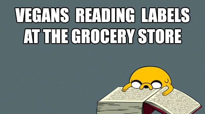 vegan cartoon - Vegans Reading Labels At The Grocery Store
