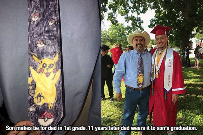 memes - 300 C> Son makes tie for dad in 1st grade. 11 years later dad wears it to son's graduation.
