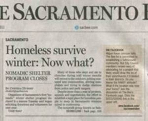 intentional news headlines - E Sacramento Salento Homeless survive winter Now what? Nomadic Shelter Proxilas Coses