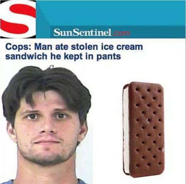 funny tv news headlines - SunSentinel Cops Man ate stolen ice cream sandwich he kept in pants