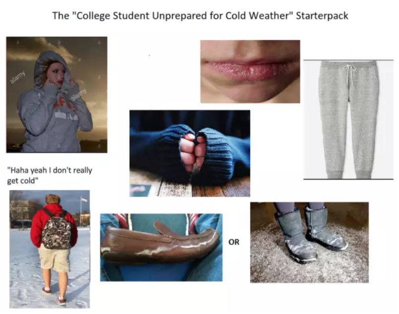 nyc winter starter pack - The "College Student Unprepared for Cold Weather" Starterpack alamy "Haha yeah I don't really get cold" Or