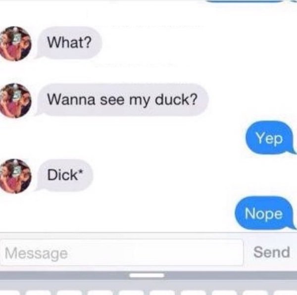 wanna see my duck - What? Wanna see my duck? Yep Dick Dick Nope Message Send