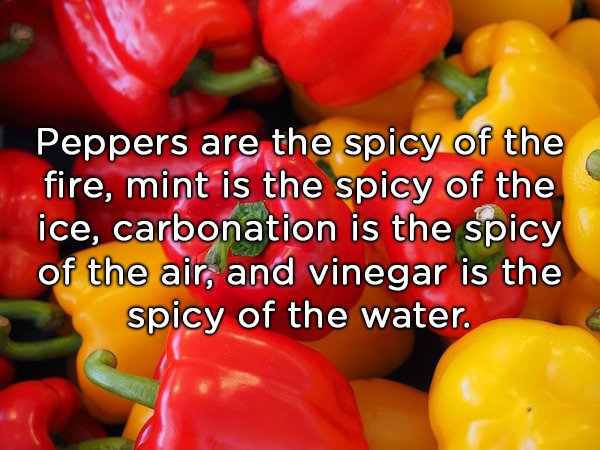 Bell pepper - Peppers are the spicy of the fire, mint is the spicy of the ice, carbonation is the spicy of the air, and vinegar is the spicy of the water.