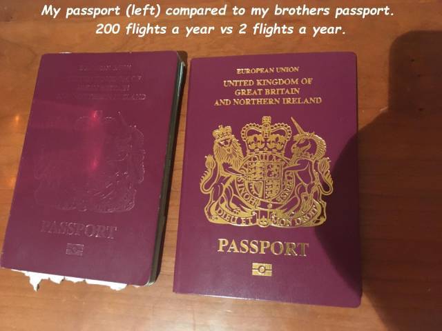 british passport - My passport left compared to my brothers passport. 200 flights a year vs 2 flights a year. European Union Lintted Kingdom Of Great Britain And Northern Ireland Passport