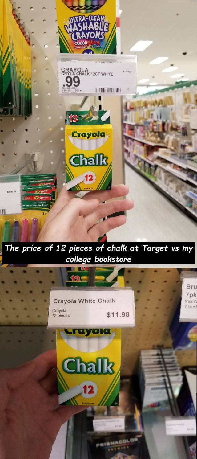 supermarket - UltraClean Washable Crayons Color Crayola Cryla Chalk 12CT White 51. 00 .99 1.15001 Tout Crayola Chalk 12 A prin st twise up the Fun! The price of 12 pieces of chalk at Target vs my college bookstore Bru 7pk Real Crayola White Chalk Crayola 