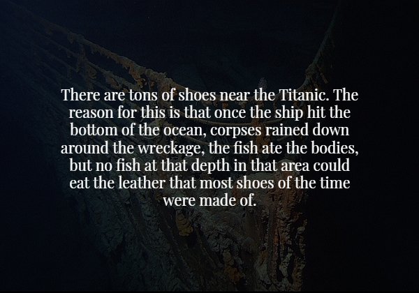 darkness - There are tons of shoes near the Titanic. The reason for this is that once the ship hit the bottom of the ocean, corpses rained down around the wreckage, the fish ate the bodies, but no fish at that depth in that area could eat the leather that