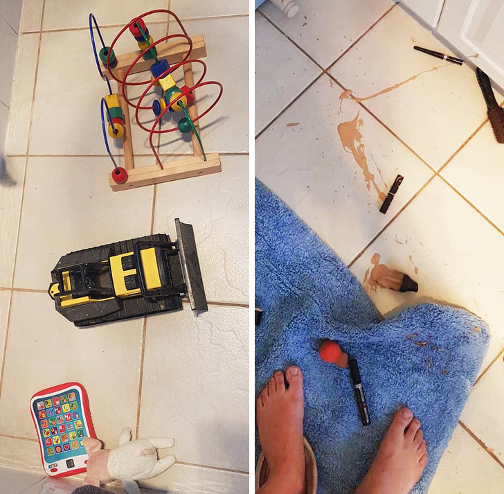 “Trying to squeeze in a 2-minute shower with twin toddlers. What I think they’ll play with (in the left photo) vs what they actually play with (in the right photo)...”