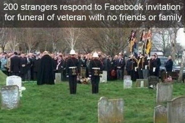 That's Amazing - 200 strangers respond to Facebook invitation for funeral of veteran with no friends or family