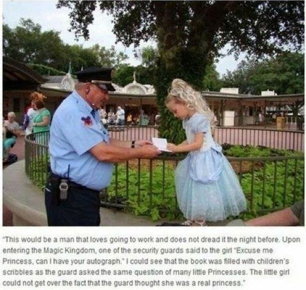 disney security guard autograph - "This would be a man that loves going to work and does not dread it the night before. Upon entering the Magic Kingdom, one of the security guards said to the girl "Excuse me Princess, can I have your autograph."I could se