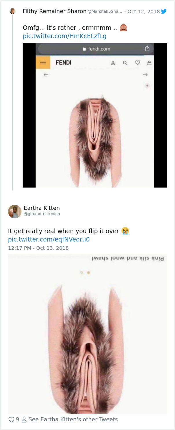 clothing design fails - Filthy Remainer Sharon ... y Omfg... it's rather , ermmmm .. pic.twitter.comHmKcELZfLg fendi.com Fendi &Q A Eartha Kitten It get really real when you flip it over at pic.twitter.comeqfNVeoruo Imuus Juum puu 5 uld 9 8 See Eartha Kit