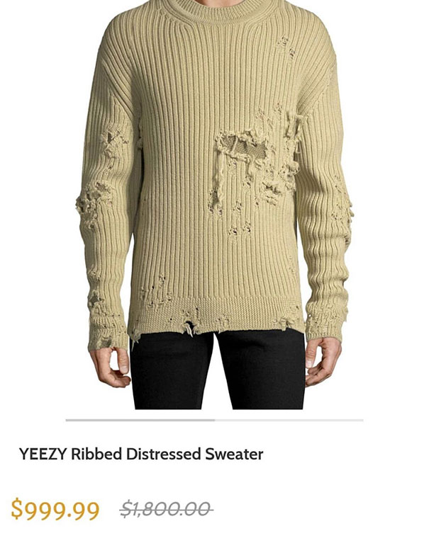 yeezy ribbed distressed sweater - Yeezy Ribbed Distressed Sweater $999.99 $1,800.00